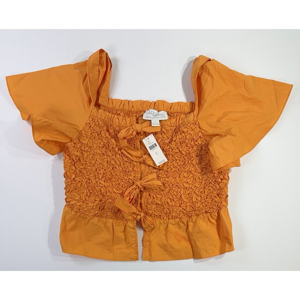 Maeve Anthropologie Smocked Tie Front Peplum Blouse Orange Women's L NWT